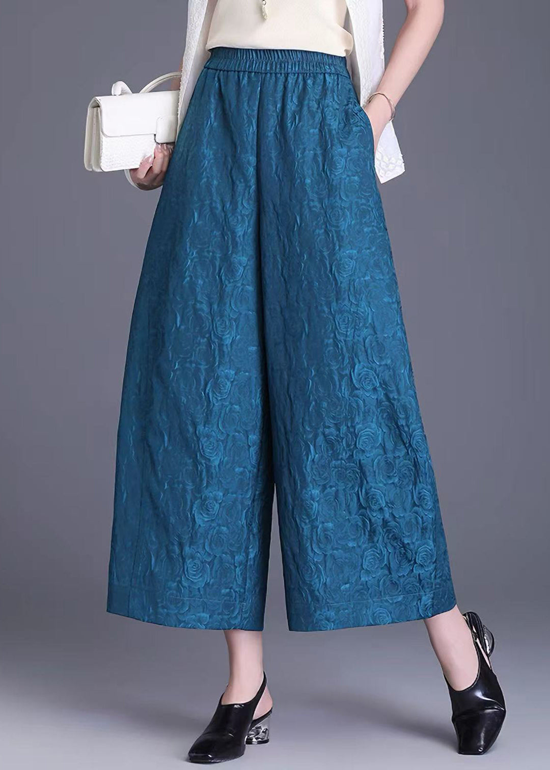 Blue Pockets Jacquard High Waist Wide Leg Crop Pants Summer