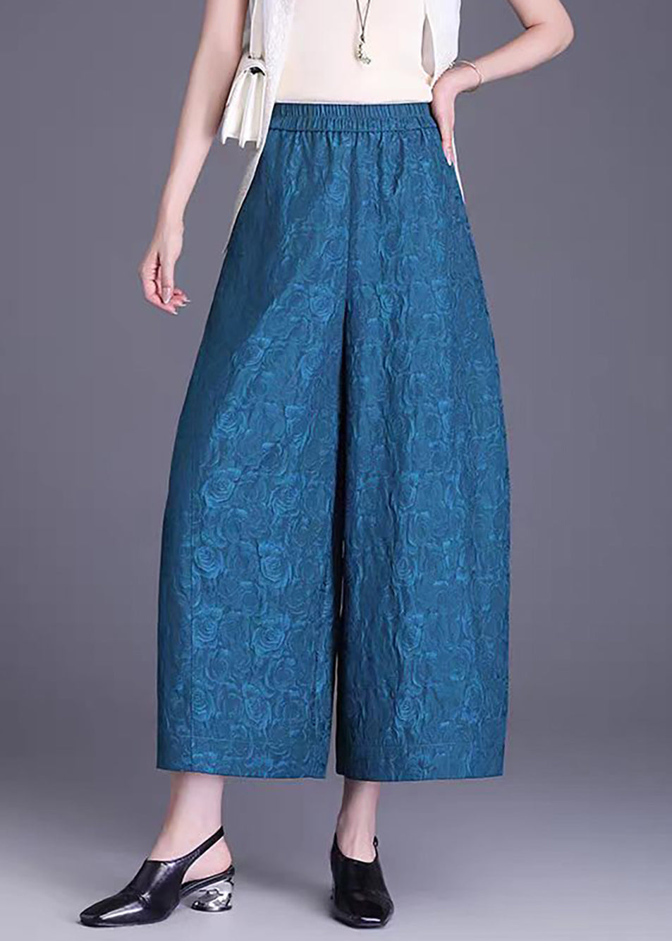 Blue Pockets Jacquard High Waist Wide Leg Crop Pants Summer