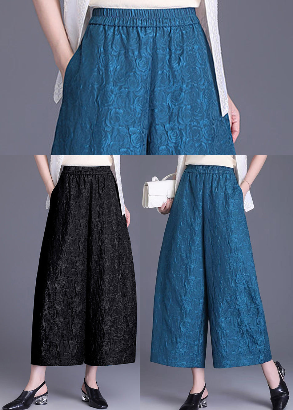 Blue Pockets Jacquard High Waist Wide Leg Crop Pants Summer