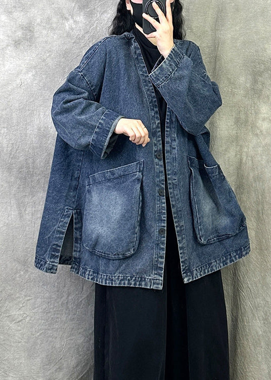 Blue Pockets Patchwork Loose Denim Coats V Neck Fall