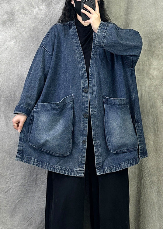 Blue Pockets Patchwork Loose Denim Coats V Neck Fall