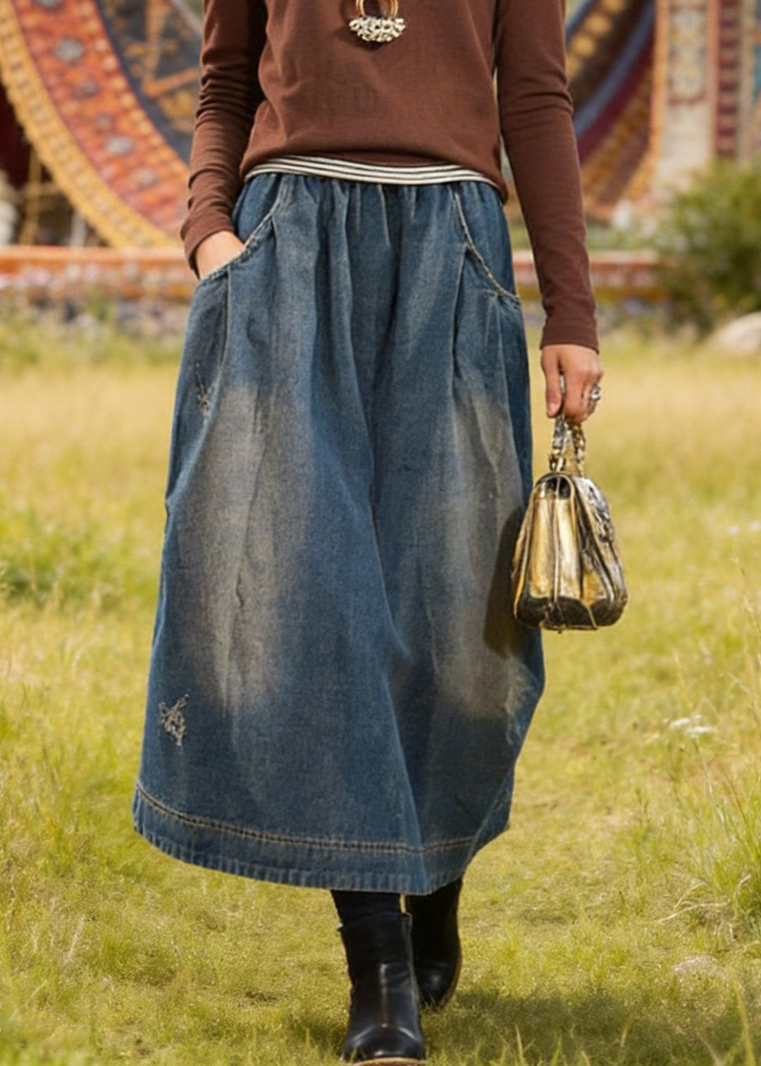 Blue Pockets Retro Patchwork Summer Skirts Denim