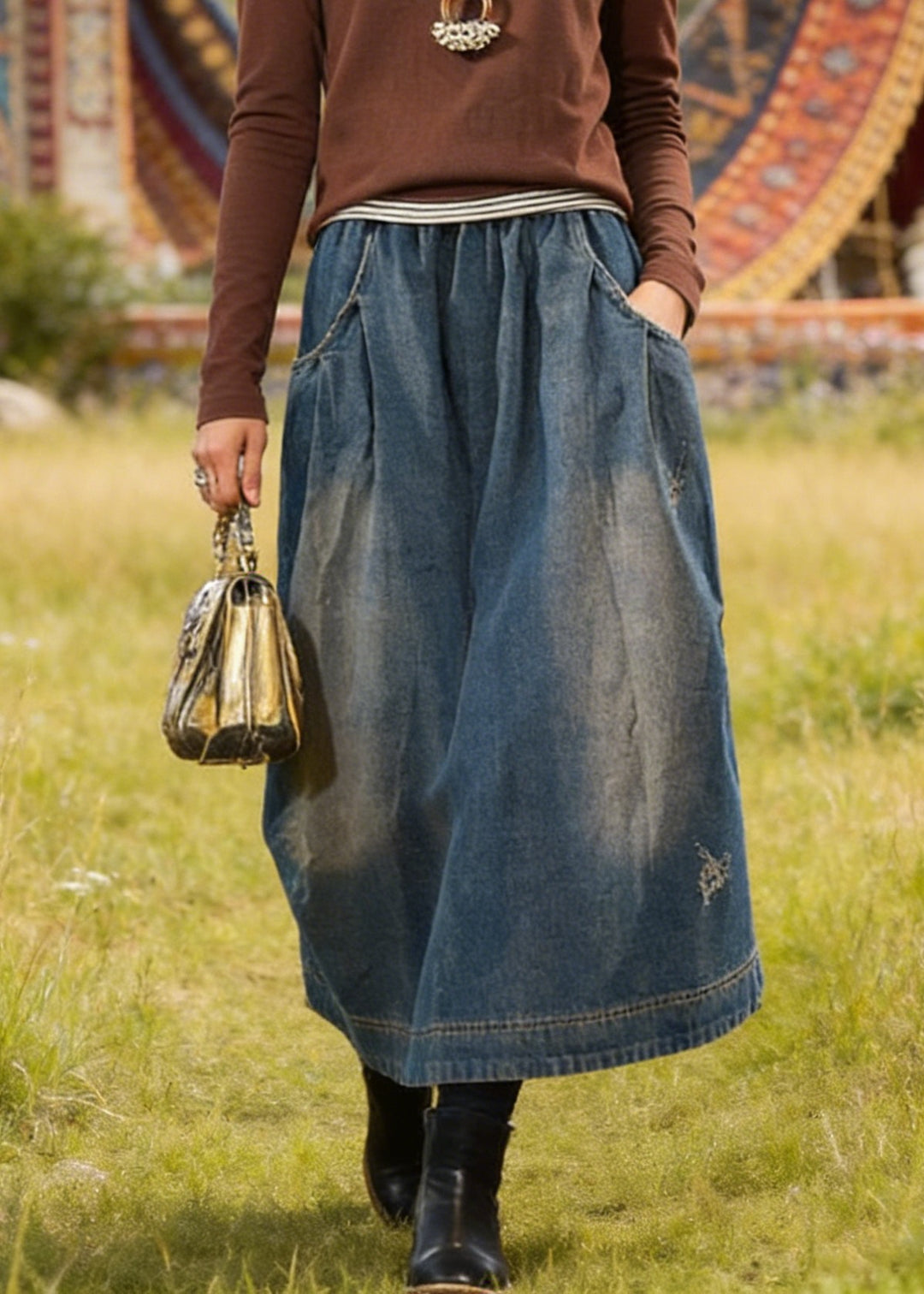 Blue Pockets Retro Patchwork Summer Skirts Denim