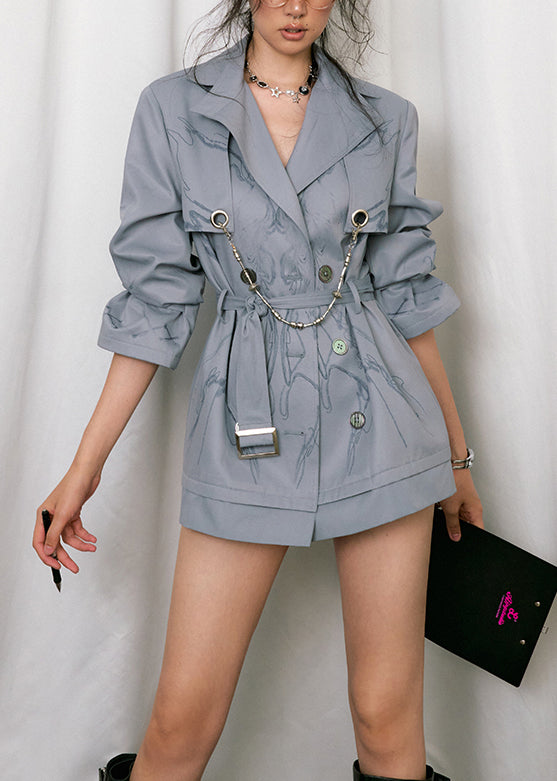 Blue Pockets Tie Waist Cotton Trench Coat Peter Pan Collar