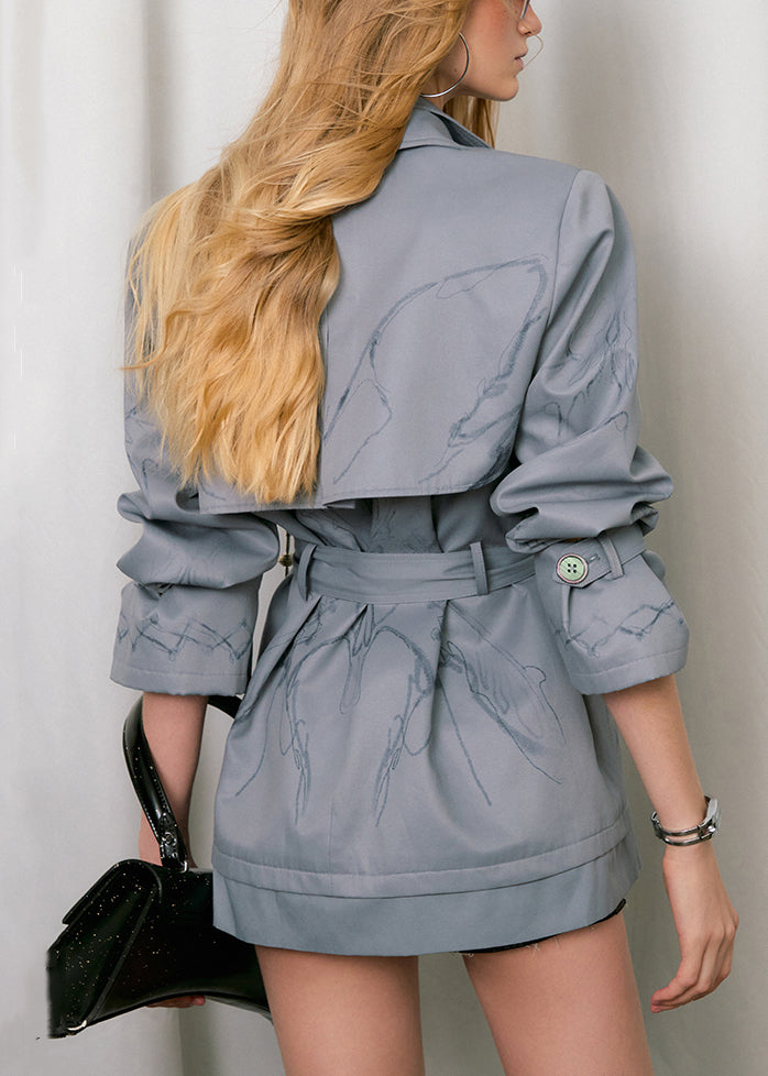 Blue Pockets Tie Waist Cotton Trench Coat Peter Pan Collar