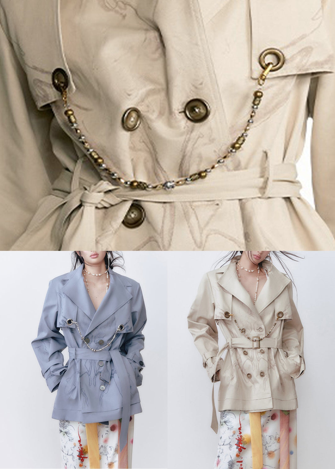 Blue Pockets Tie Waist Cotton Trench Coat Peter Pan Collar