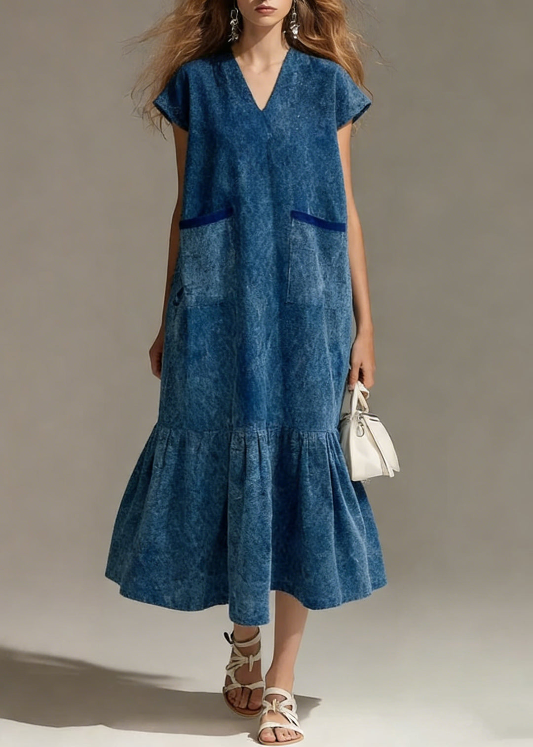 Blue Pockets Wrinkled Denim Long Dress V Neck Summer - Omychic