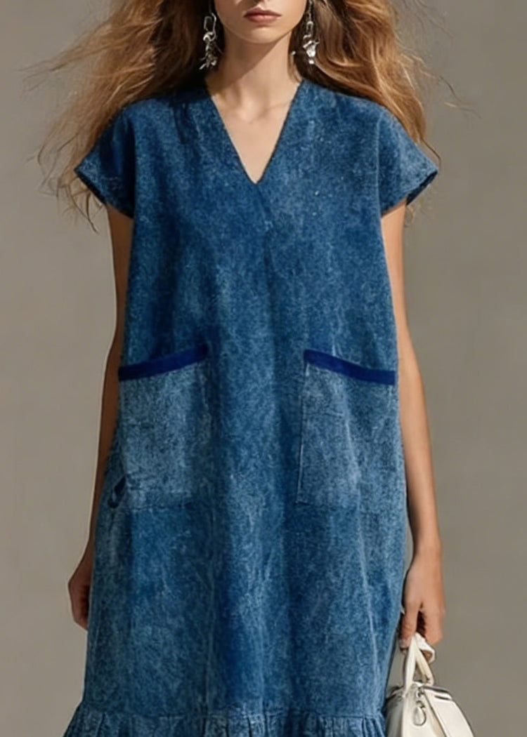 Blue Pockets Wrinkled Denim Long Dress V Neck Summer - Omychic