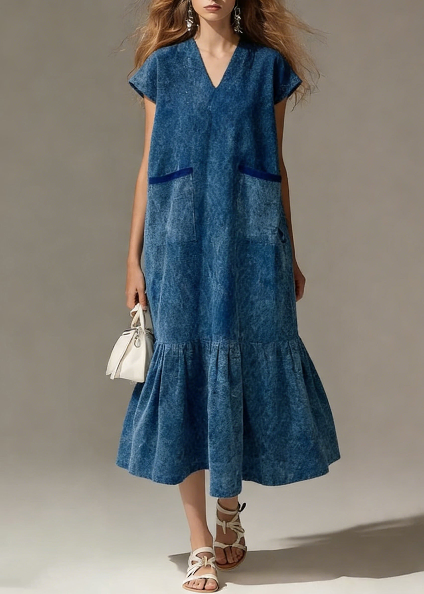 Blue Pockets Wrinkled Denim Long Dress V Neck Summer - Omychic