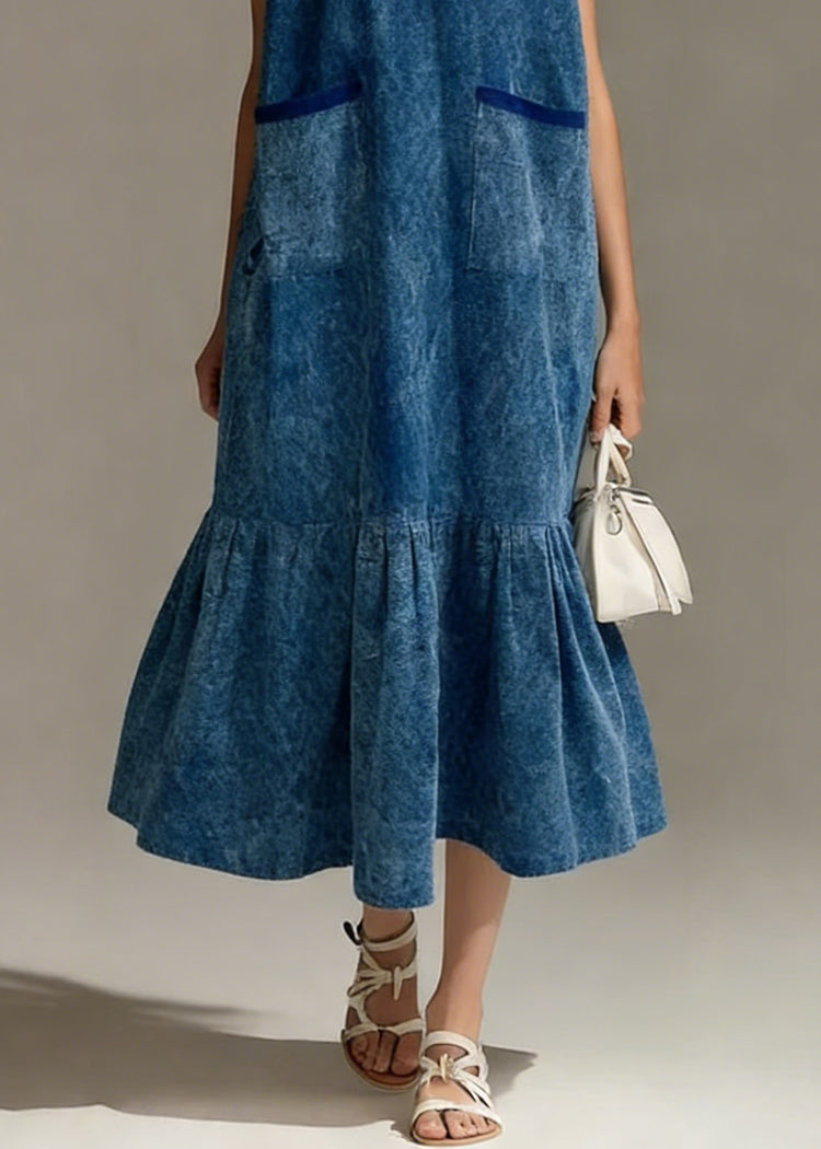 Blue Pockets Wrinkled Denim Long Dress V Neck Summer - Omychic