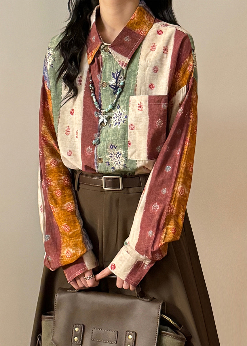 Blue Print Button Patchwork Cotton Shirt Top Asymmetrical Spring