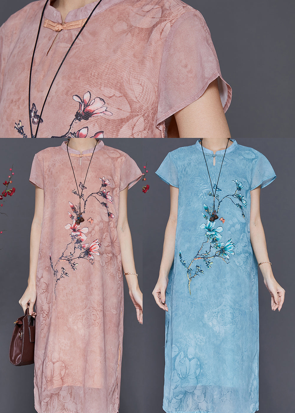 Blue Print Chiffon Cheongsam Dress Chinese Style Summer