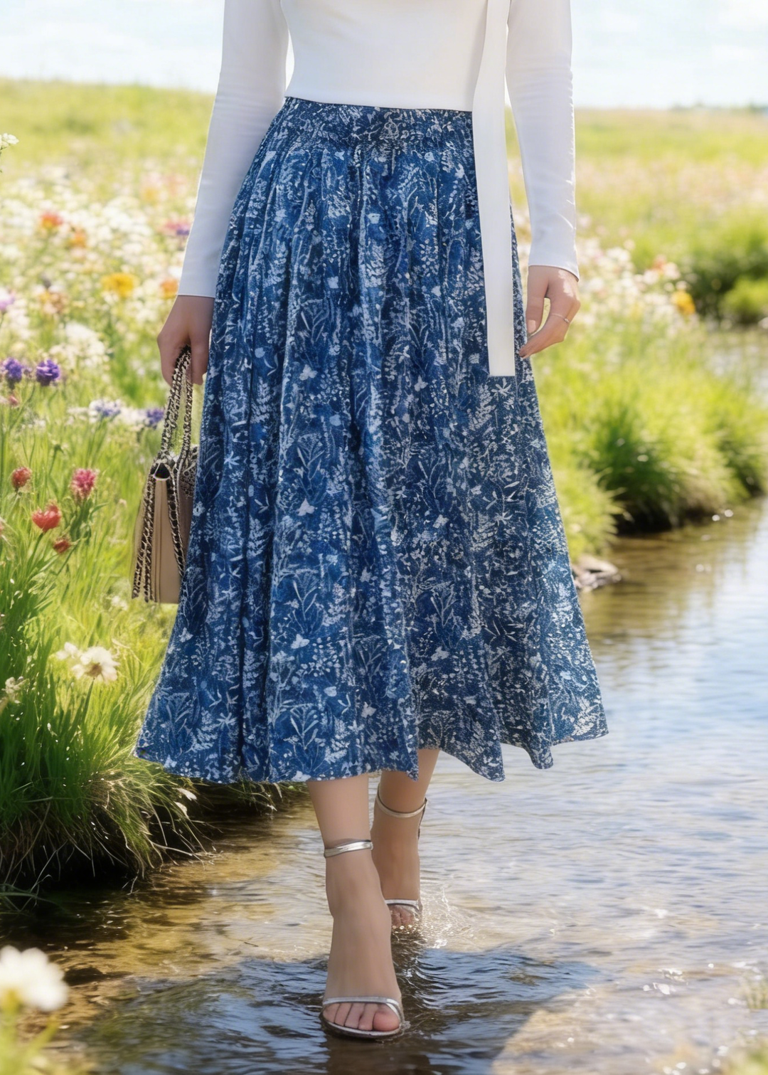 Blue Print Cotton Skirt Elastic Waist Summer