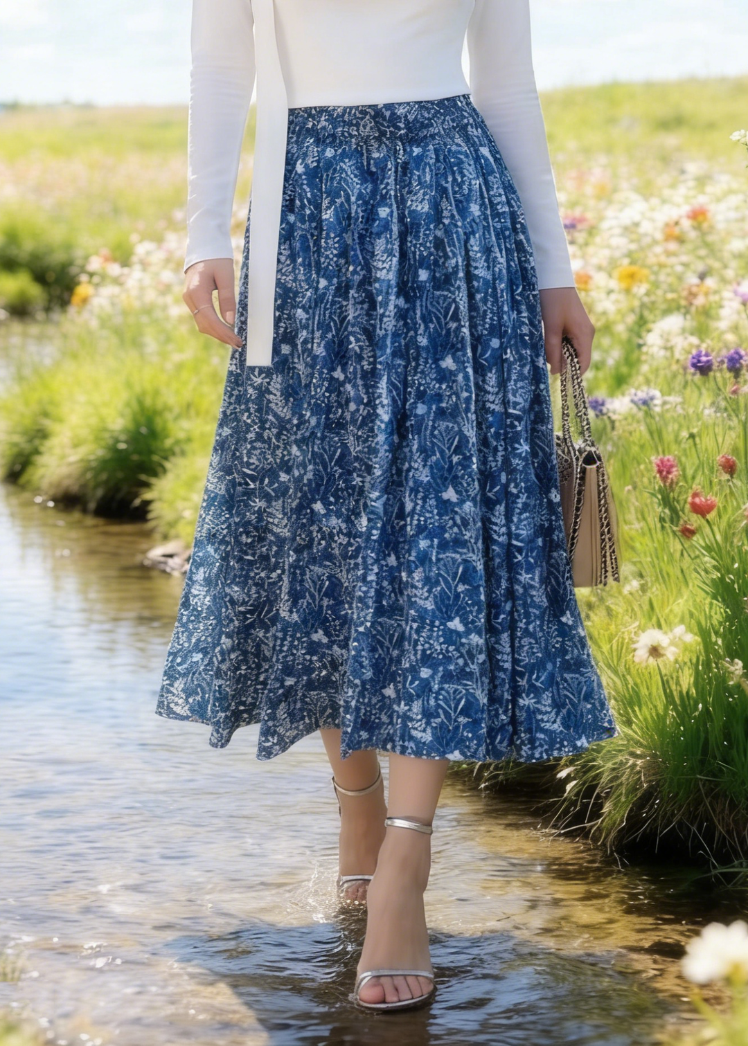 Blue Print Cotton Skirt Elastic Waist Summer