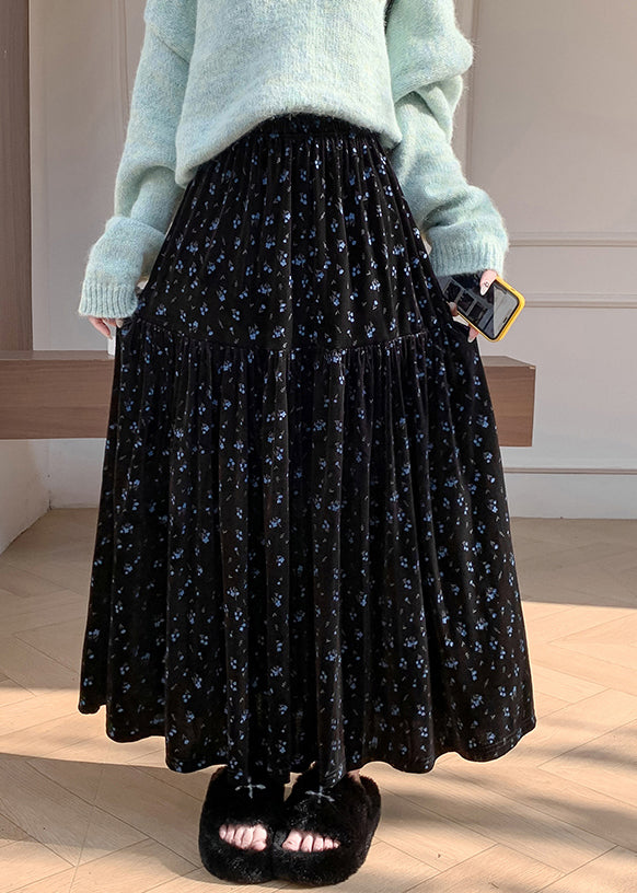 Blue Print Elastic Waist Velvet Winter Skirts Wrinkled