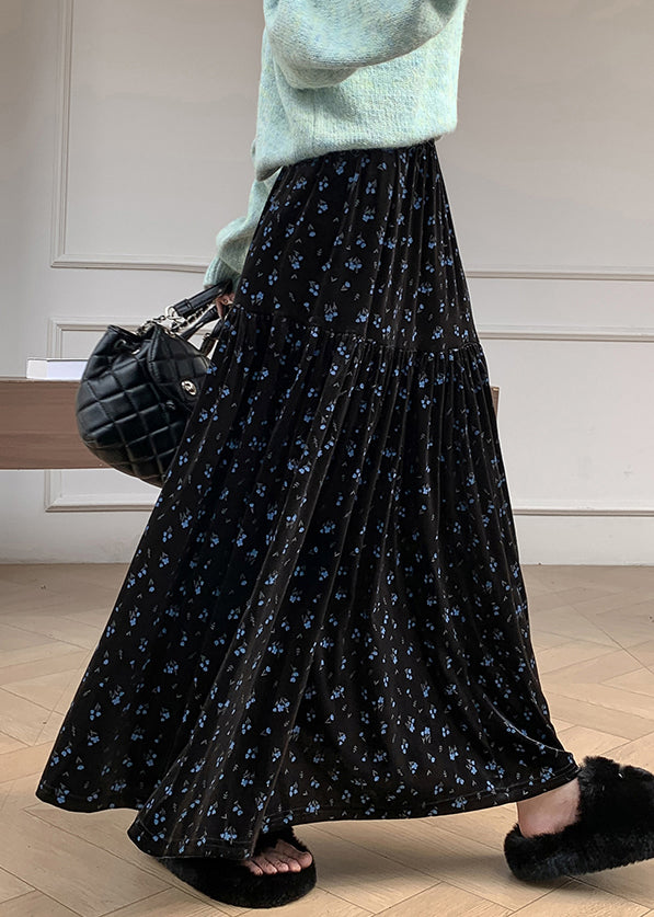 Blue Print Elastic Waist Velvet Winter Skirts Wrinkled