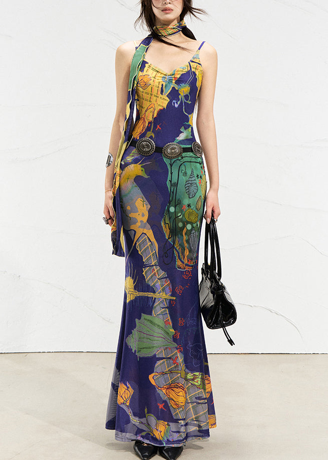 Blue Print Maxi Spaghetti Strap Dresses Summer