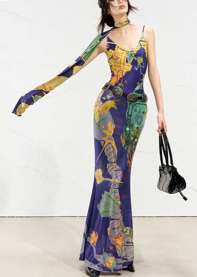 Blue Print Maxi Spaghetti Strap Dresses Summer