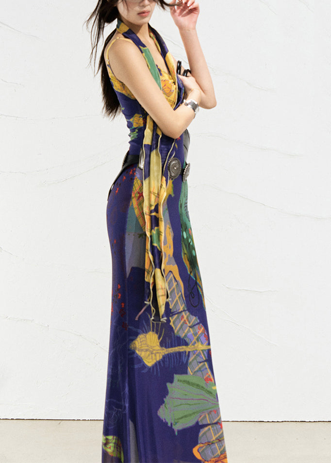 Blue Print Maxi Spaghetti Strap Dresses Summer