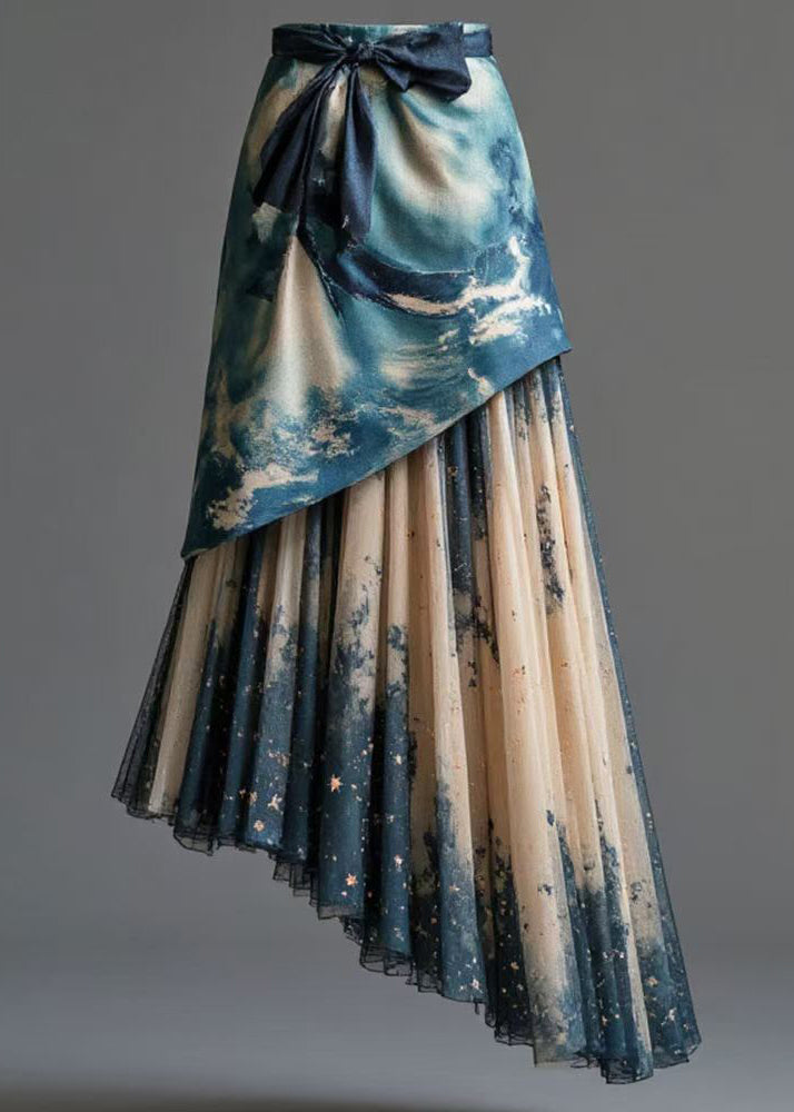 Blue Print Patchwork False Two Pieces Tulle Skirt High Waist Summer
