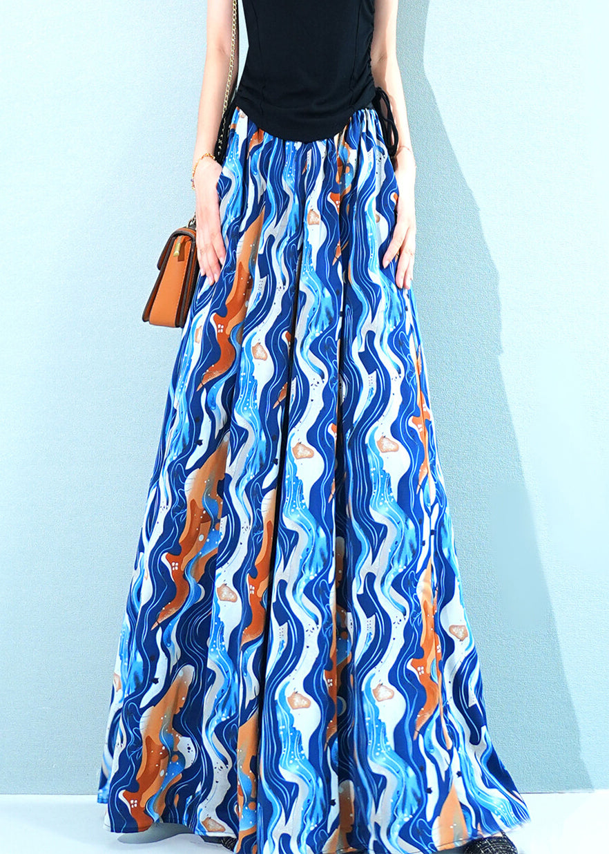 Blue Print Pockets Chiffon Wide Leg Pants Elastic Waist Summer