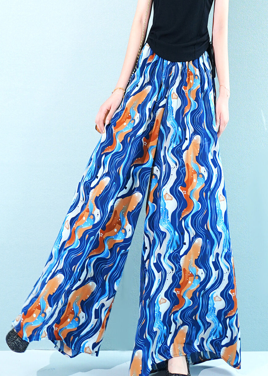 Blue Print Pockets Chiffon Wide Leg Pants Elastic Waist Summer