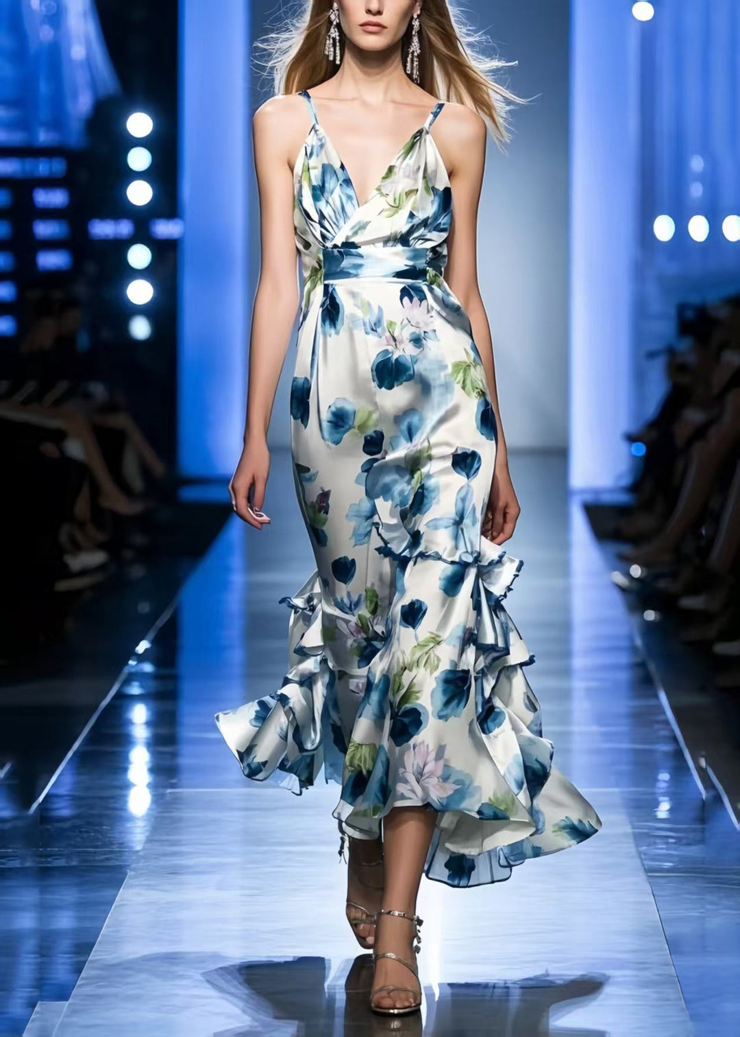 Blue Print Silk Mini Dresses Asymmetrical Summer