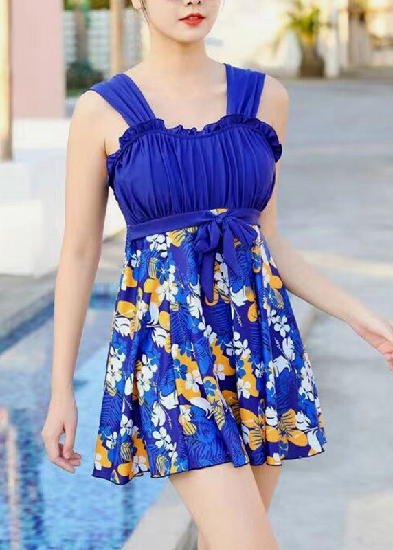 Blue Ruffled Patchwork Slips Lingerie Set Swimwear