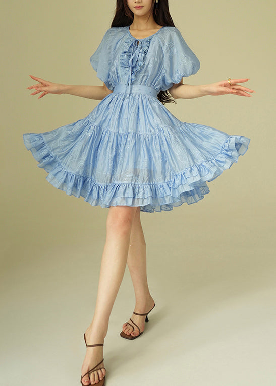 Blue Ruffled Shirts And Skirts Silk Cotton Summer Two Pieces Set Embroidered