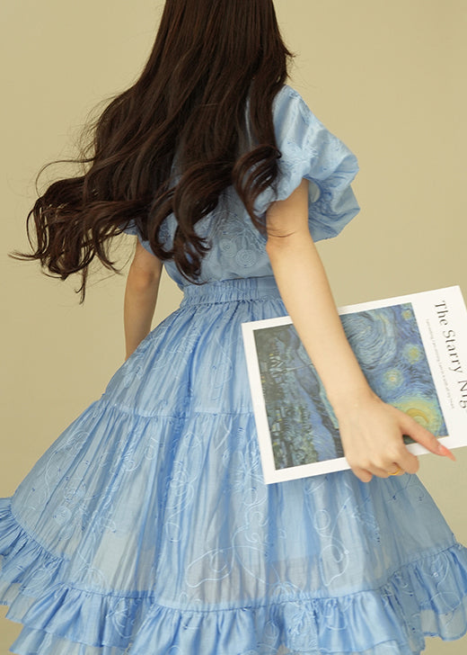 Blue Ruffled Shirts And Skirts Silk Cotton Summer Two Pieces Set Embroidered