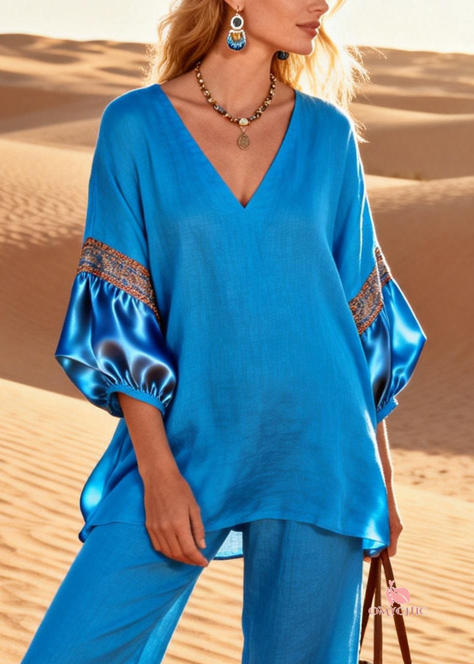 Blue Silk Patchwork Tops And Crop Pants Linen Two Piece Set V Neck Bracelet Sleeve