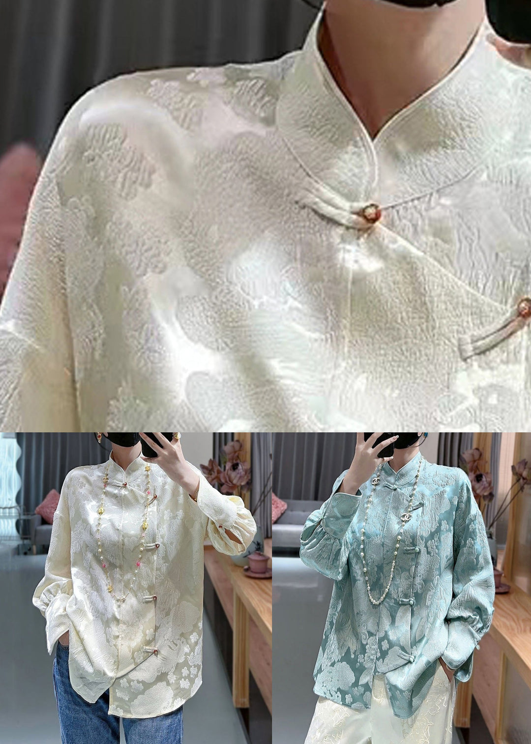 Blue Sky Blue Print Silk Shirt Stand Collar Long Sleeve