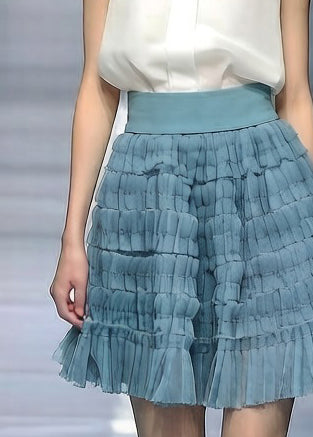 Blue Solid Elastic Waist Tulle Skirt Wrinkled - Omychic