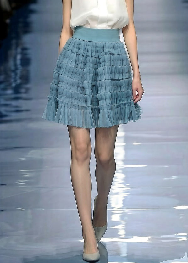 Blue Solid Elastic Waist Tulle Skirt Wrinkled - Omychic