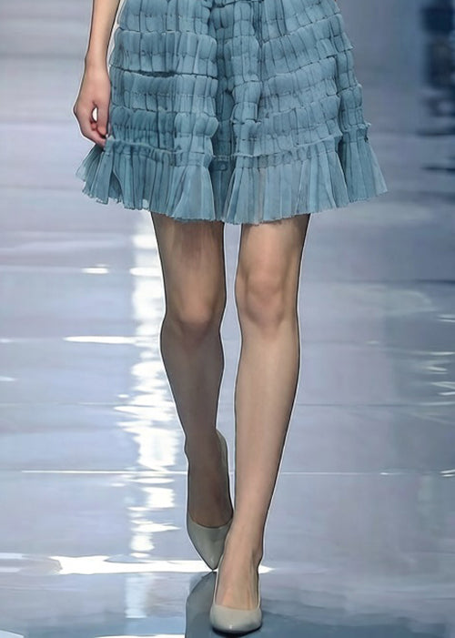 Blue Solid Elastic Waist Tulle Skirt Wrinkled - Omychic