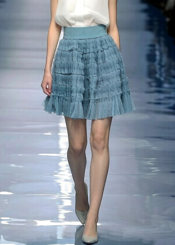 Blue Solid Elastic Waist Tulle Skirt Wrinkled - Omychic