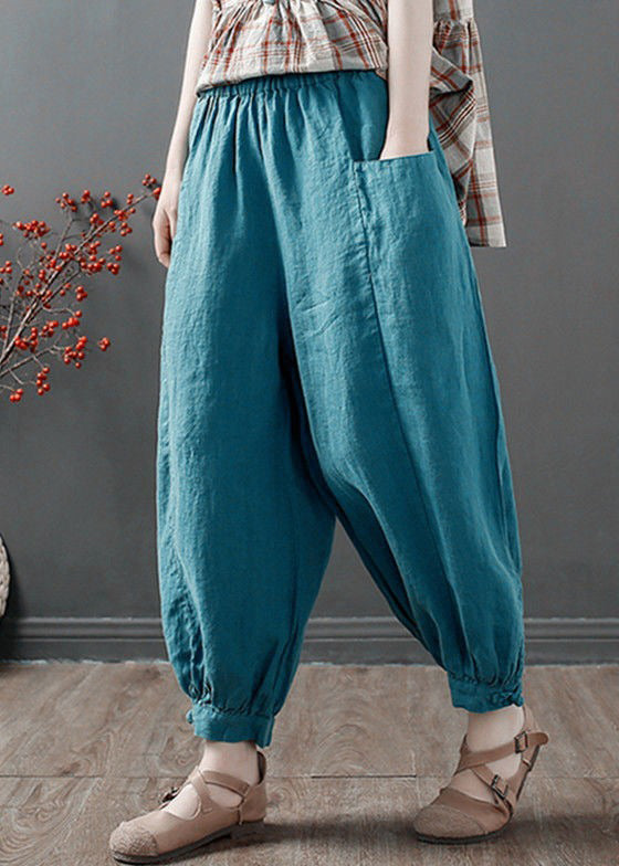 Blue Solid Loose Cotton Crop Pants High Waist Summer