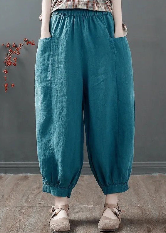 Blue Solid Loose Cotton Crop Pants High Waist Summer