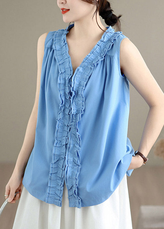 Blue Solid Tops V Neck Summer