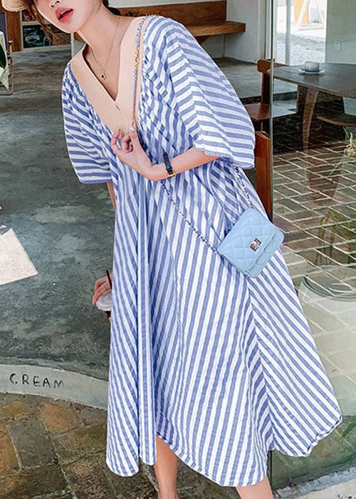Blue Striped Pockets Patchwork Cotton Long Dress V Neck Summer