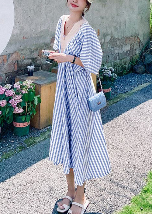Blue Striped Pockets Patchwork Cotton Long Dress V Neck Summer
