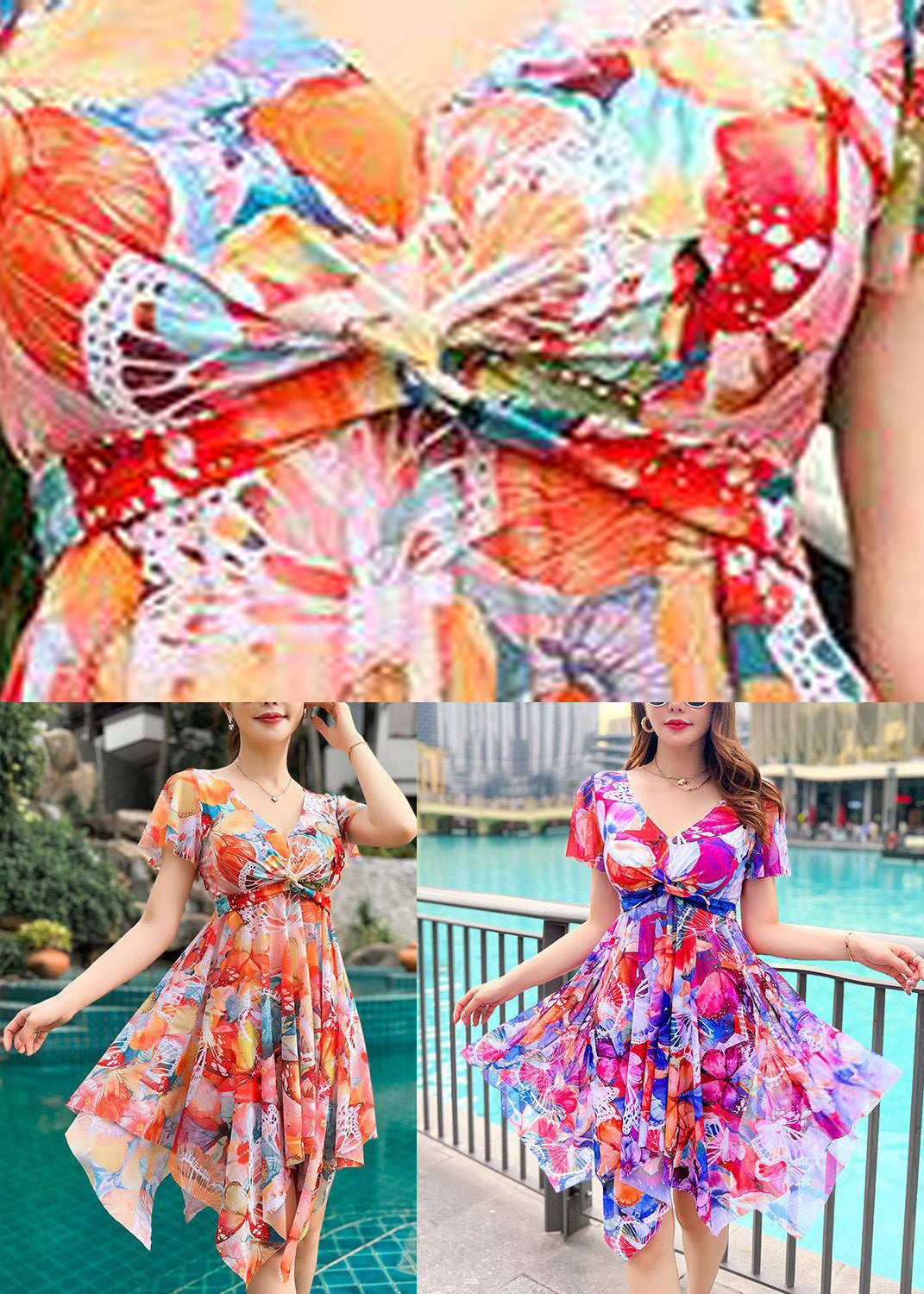Blue V-Neck Patchwork Maxi Dress Swimwear