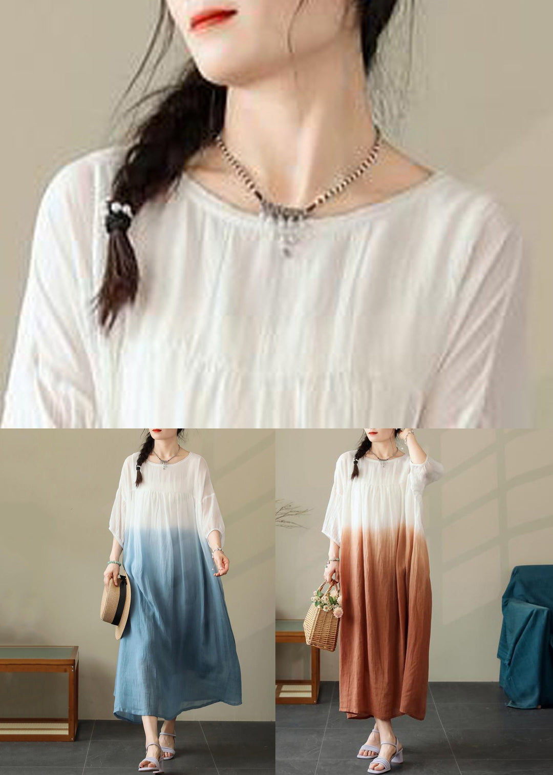 Blue Wrinkled Cotton Dresses O Neck Summer