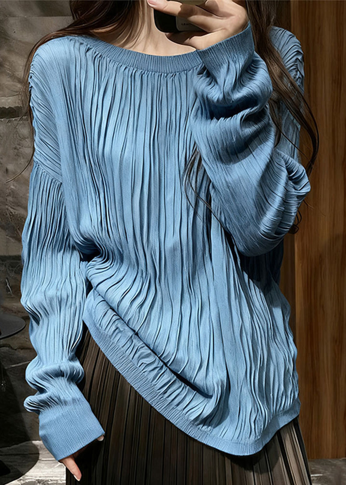 Blue Wrinkled Cozy Cotton T Shirt Top O Neck Long Sleeve