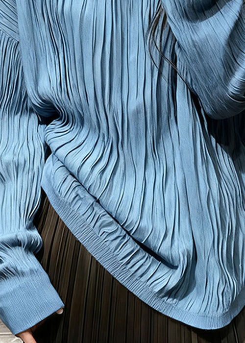 Blue Wrinkled Cozy Cotton T Shirt Top O Neck Long Sleeve