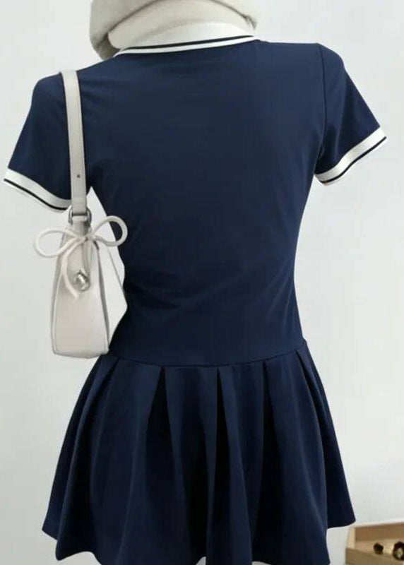 Blue Wrinkled Patchwork Mid Dress Summer