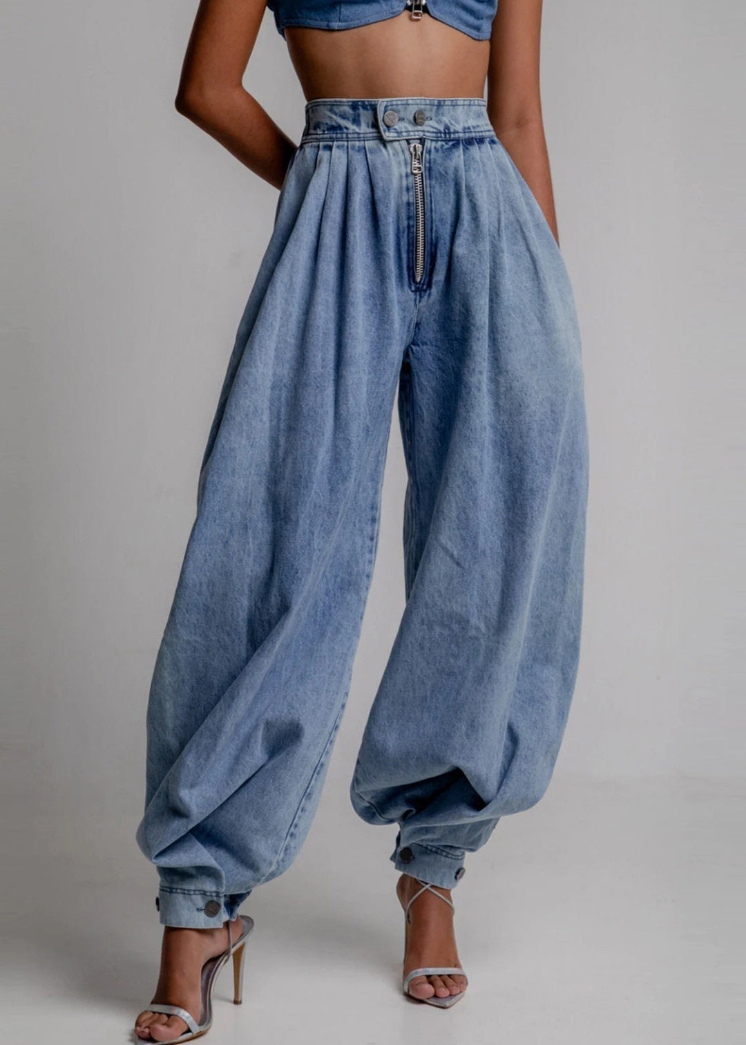 Blue Zippered Pockets High Waist Denim Wide Leg Pants Button
