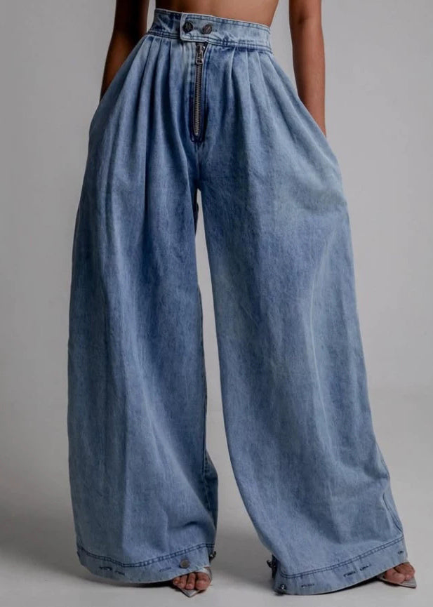 Blue Zippered Pockets High Waist Denim Wide Leg Pants Button