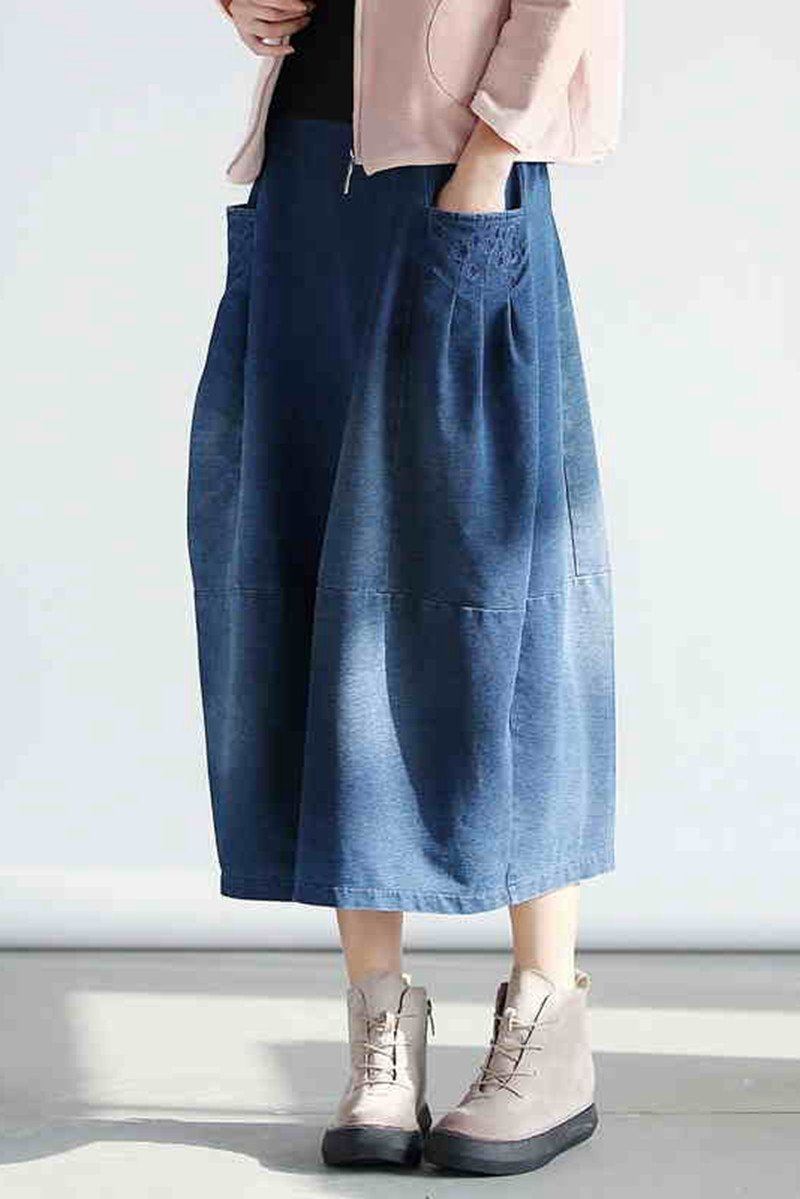 Denim Pocket Cotton Skirt Dark Blue Simple Women Clothes