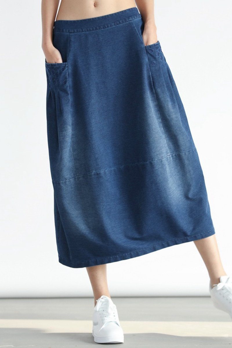 Denim Pocket Cotton Skirt Dark Blue Simple Women Clothes